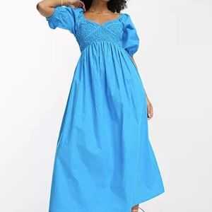 ASOS Cotton Shirred Corset Midi Dress in Blue